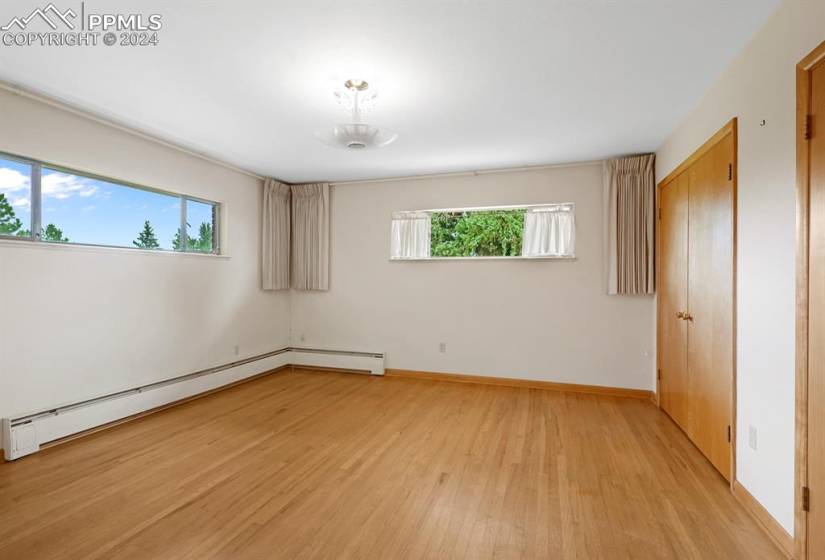 Empty room with plenty of natural light, light hardwood / wood-style floors, and a baseboard radiator