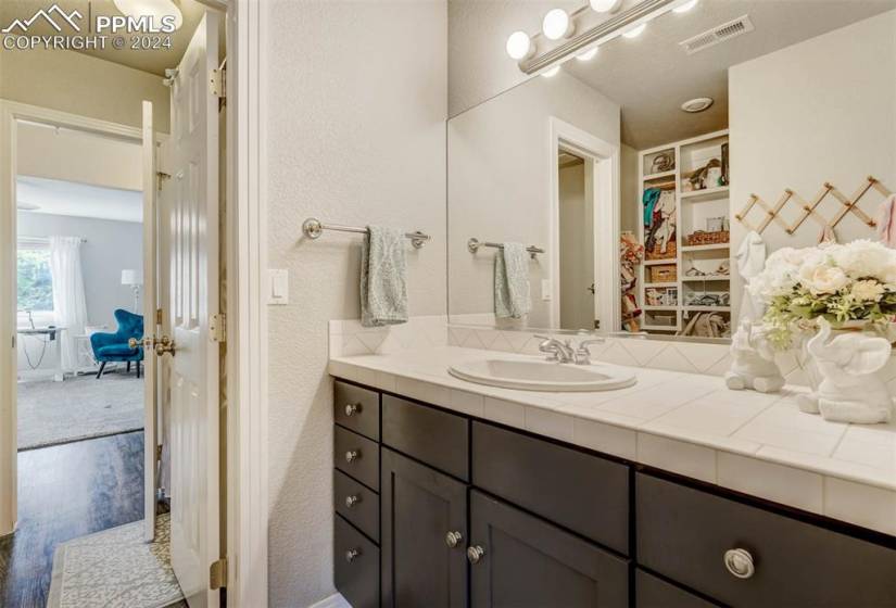 Bathroom featuring oversized vanity and wood-type flooring