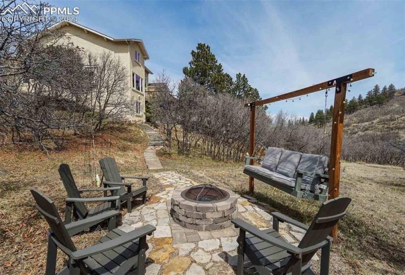 View of terrace featuring a fire pit