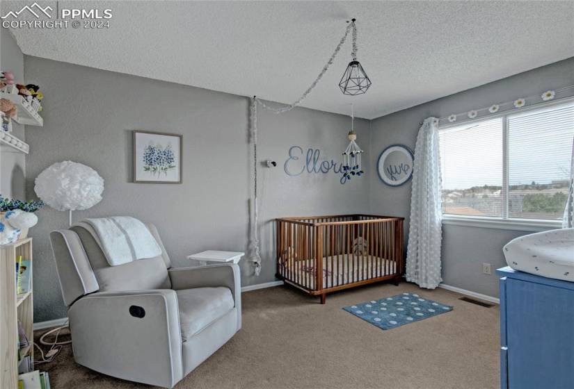 Carpeted bedroom with a nursery area and a textured ceiling