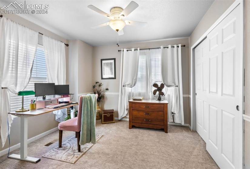 Office featuring a healthy amount of sunlight, light colored carpet, and ceiling fan