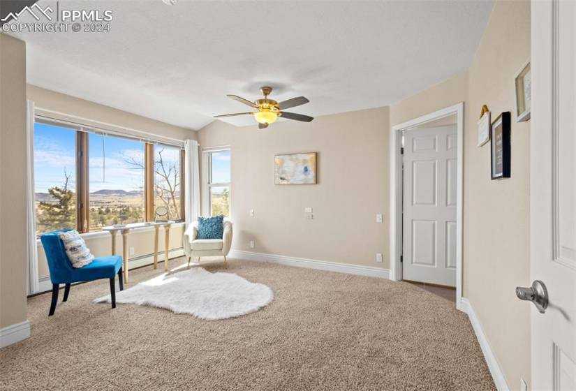 Sitting room featuring light colored carpet, lofted ceiling, ceiling fan, and a baseboard radiator