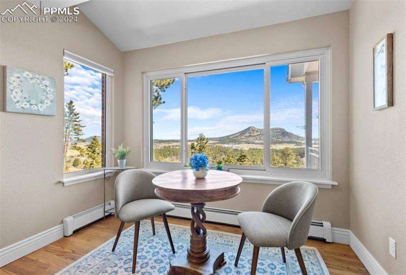 Dining area with a mountain view, light hardwood / wood-style flooring, vaulted ceiling, and a baseboard radiator