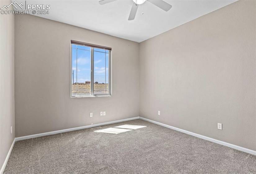 Spare room with ceiling fan and carpet flooring