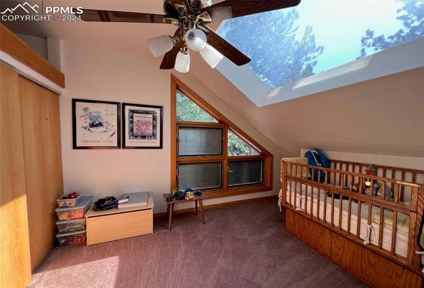 Carpeted bedroom featuring ceiling fan, a crib, and vaulted ceiling with skylight