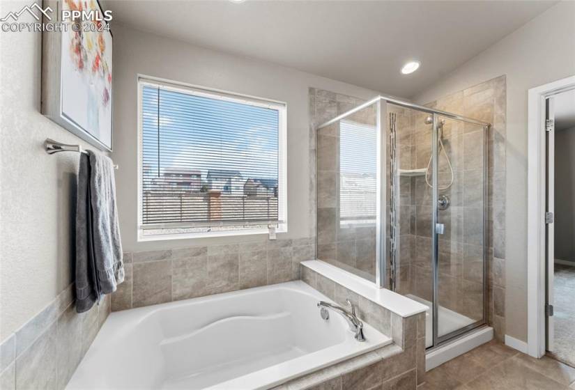 Bathroom featuring lofted ceiling, plenty of natural light, tile flooring, and plus walk in shower