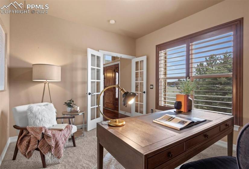 Private Office on main level features french doors and light carpet