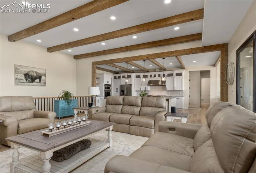 Living room with beam ceiling