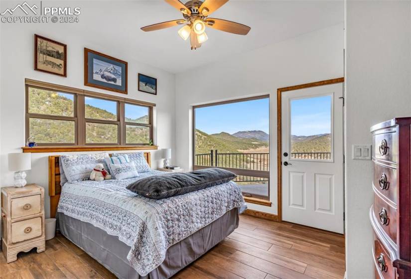Bedroom featuring ceiling fan, access to outside, and hardwood / wood-style floors
