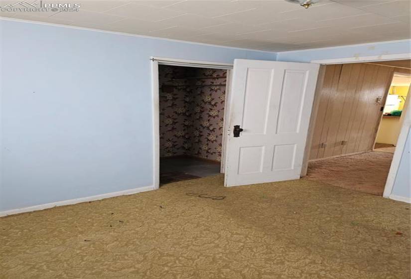 Unfurnished bedroom with wooden walls and light colored carpet