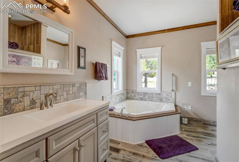 Bathroom featuring a tub, large vanity, crown molding, and hardwood / wood-style flooring