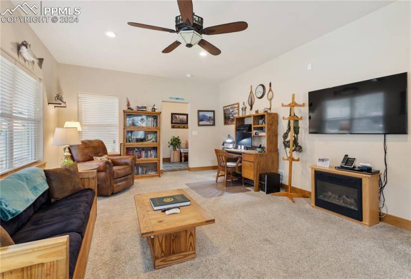 Carpeted living room with ceiling fan - lots of natural light