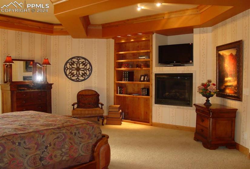 Carpeted bedroom with a tray ceiling and crown molding