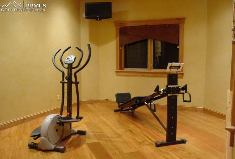 Exercise area with light hardwood / wood-style flooring