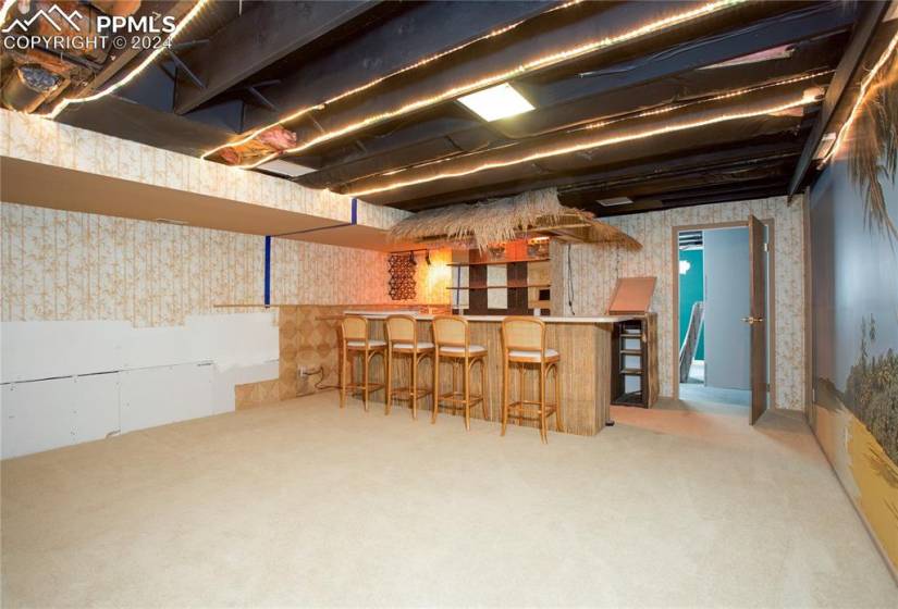 Basement featuring indoor bar and carpet flooring