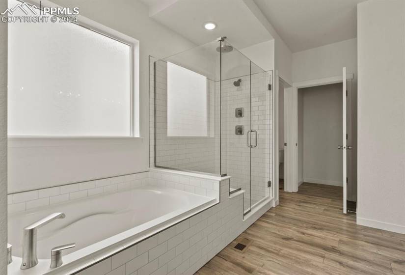 Master bathroom featuring wood-type flooring and a free-standing shower and bath