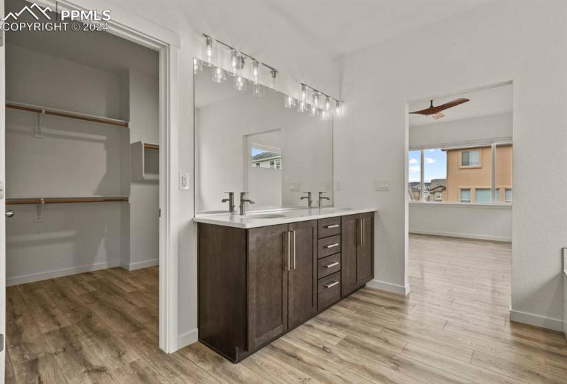Master bathroom featuring a wealth of natural light, hardwood / wood-style floors, double sink vanity and a walk in closet