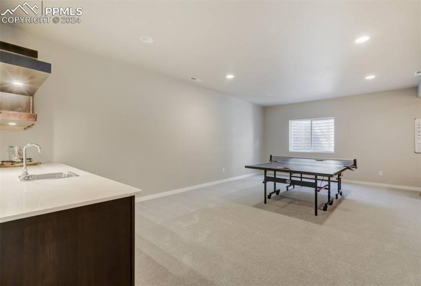 Game room with light colored carpet and sink