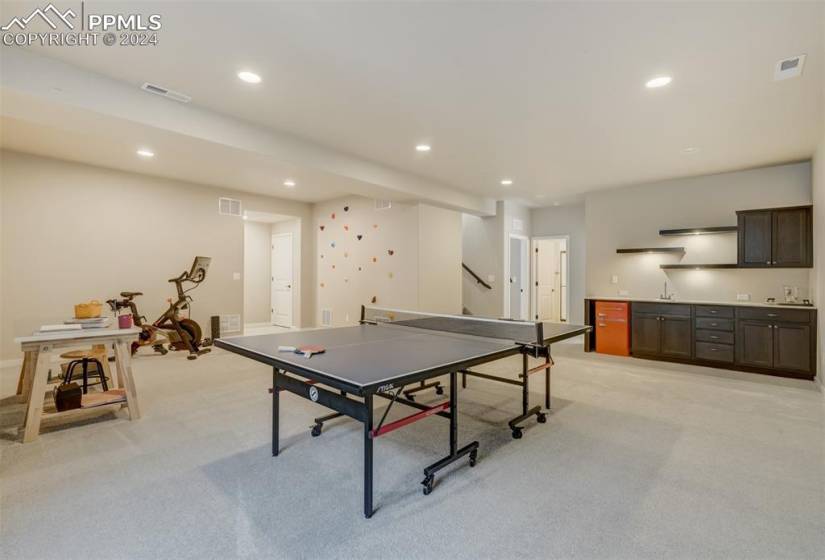 Game room featuring light colored carpet and sink