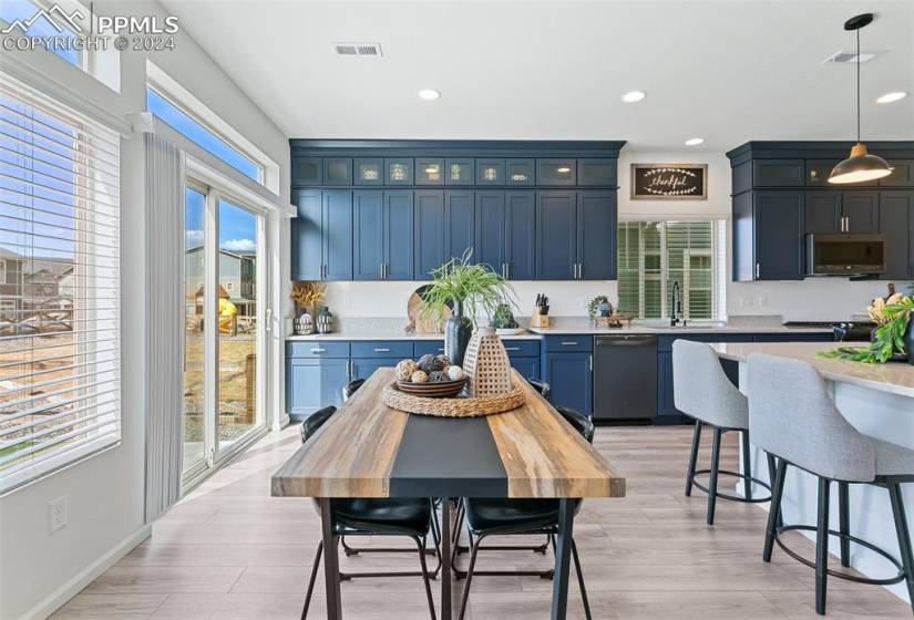 Kitchen featuring plenty of natural light, appliances with stainless steel finishes, hanging light fixtures, and blue cabinetry