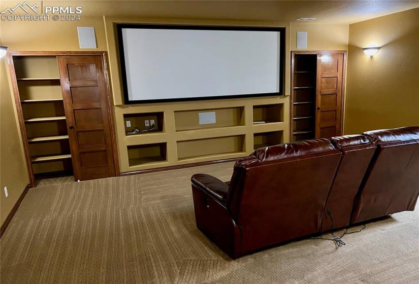View of carpeted home theater complete with screen & projector