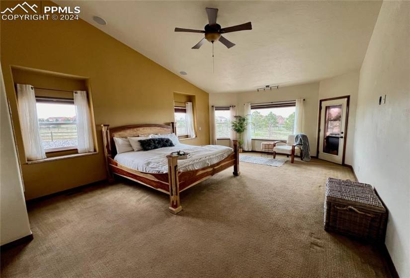 Carpeted bedroom with high vaulted ceiling, ceiling fan, and track lighting and fireplace