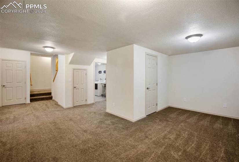 Basement featuring carpet flooring, electric baseboard heating, walkout lots of storage