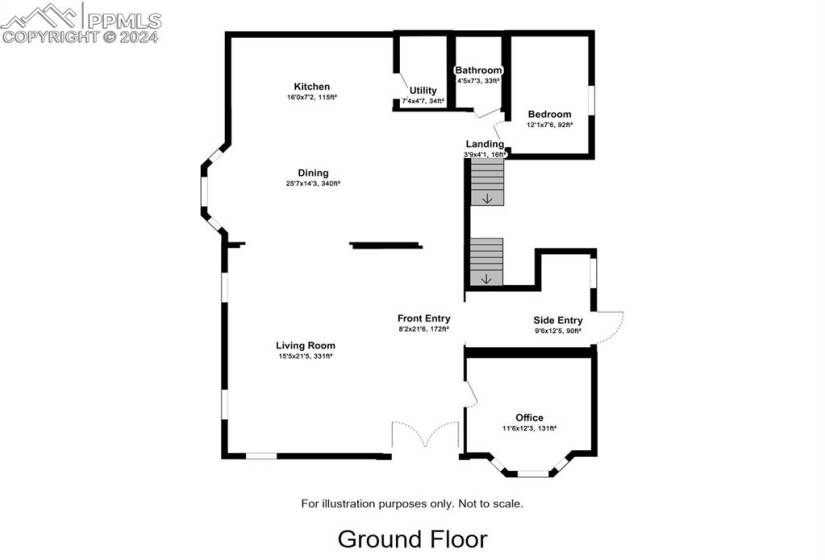 Floor plan of main level living room, front entry, office, side entrance/mudroom, dining room, kitchen, pantry, half bathroom, bedroom