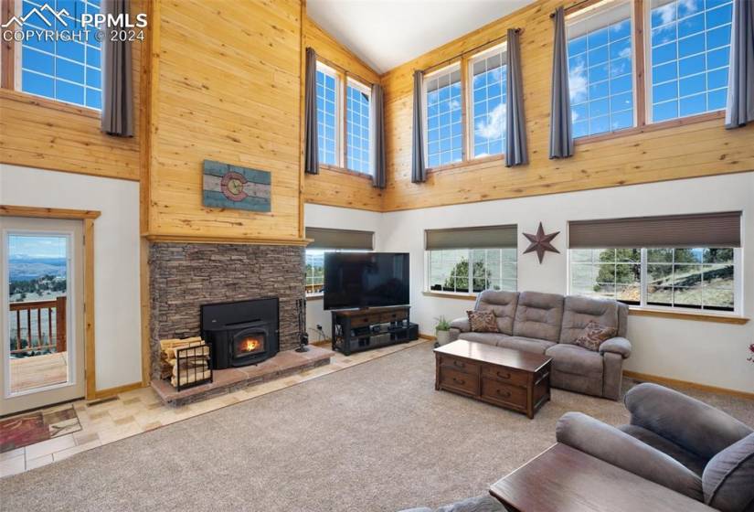 Carpeted living room featuring a stone fireplace, wood walls, high vaulted ceiling, and a wood stove all on the main level