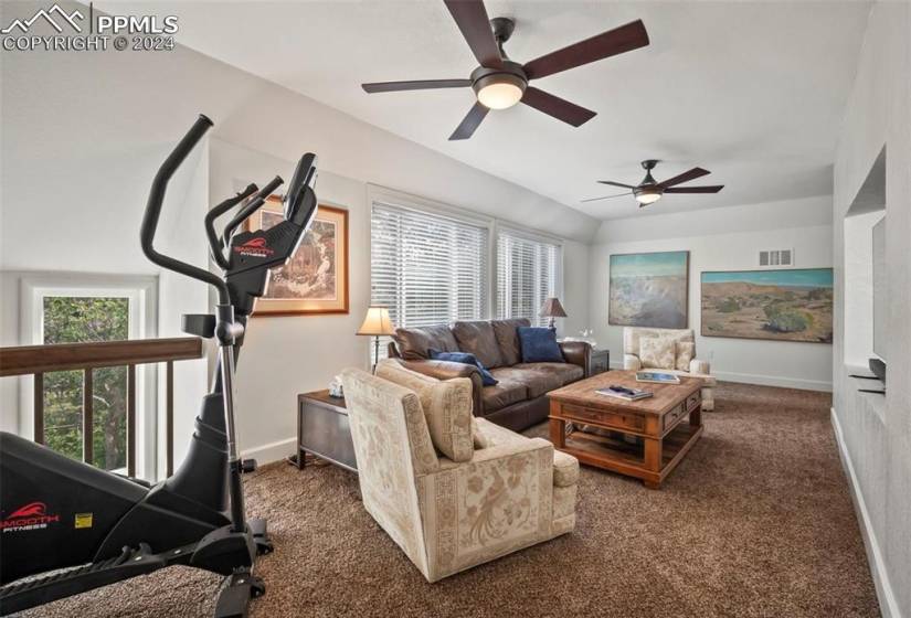 Living room with ceiling fan and dark colored carpet
