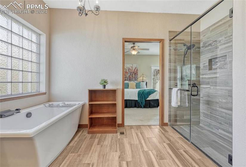 Pocket door into a luxurious remodeled 5pc Spa Bathroom with skylight, granite vanity with dual vessel sinks, a soaking tub, zero-entry tiled shower, and walk-in closet.