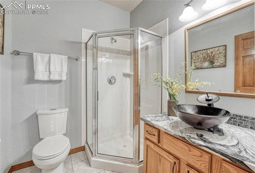 Remodeled Basement Shower Bathroom with vanity, vessel sink, framed mirror, and shower.