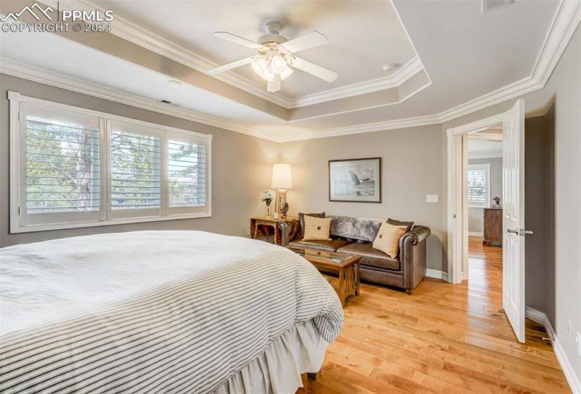 Bedroom featuring ceiling fan, a tray ceiling, light wood-type flooring, and crown molding