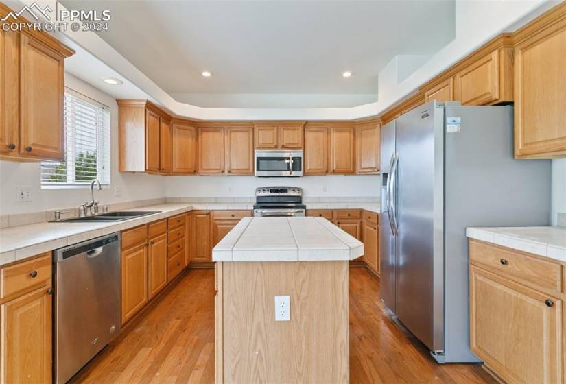 Kitchen with a center island, light hardwood / wood-style floors, sink, and stainless steel appliances