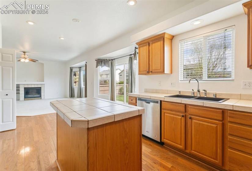 Kitchen with light hardwood / wood-style flooring, stainless steel dishwasher, a tiled fireplace, plenty of natural light, and ceiling fan