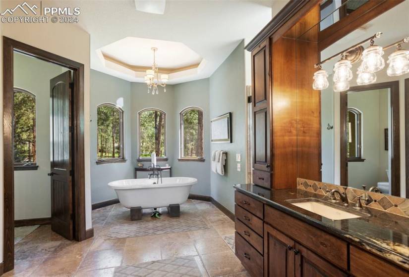 Master bathroom with large walk in shower, soaking tub and water closet, adjoining walk in closet