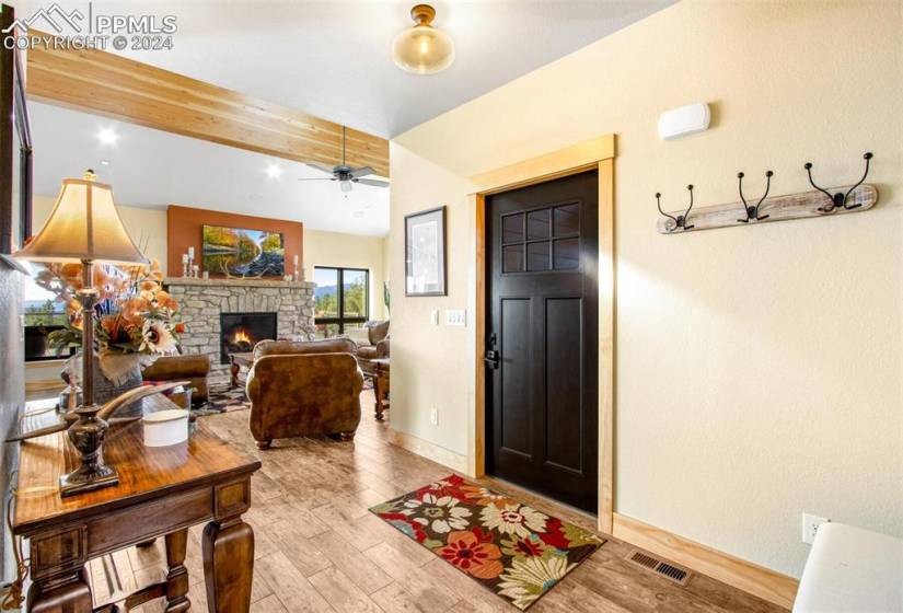 Living room with a wealth of natural light, a fireplace, ceiling fan, and light hardwood / wood-style flooring