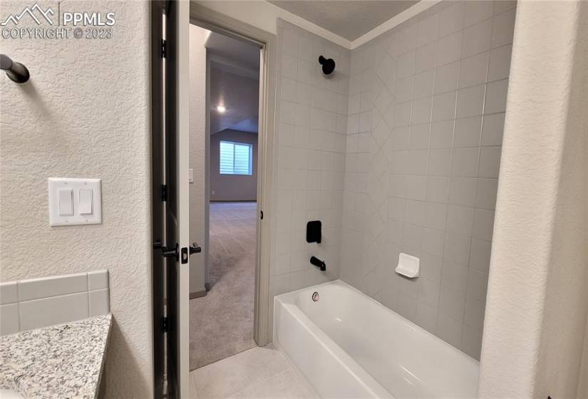 Full Bathroom with double vanities, located in the lower level!